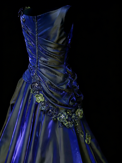 Sweet Ball Gown Scoop Navy Blue Satin With Tiered Layers Ruffles Long Party Gowns Prom Dresses N2231