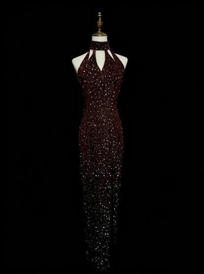 Vintage Sheath Halter Sequined Sleeveless 80s Prom Dresses Long Formal Party Gown N1453