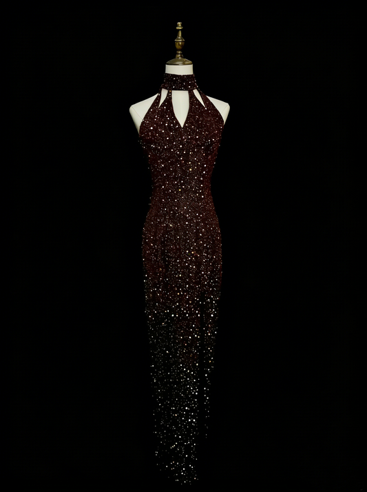 Vintage Sheath Halter Sequined Sleeveless 80s Prom Dresses Long Formal Party Gown N1453