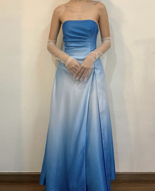 Vintage Y2K A line 2000s Blue Ombre Gown Gradient Colors Strapless Formal Dress 21st Birthday Prom Dresses N2695
