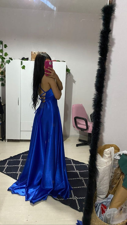 Modest A line Spaghetti Strap Burgundy Satin Slit Prom Dresses Sleeveless Long Formal Party Gown AB341
