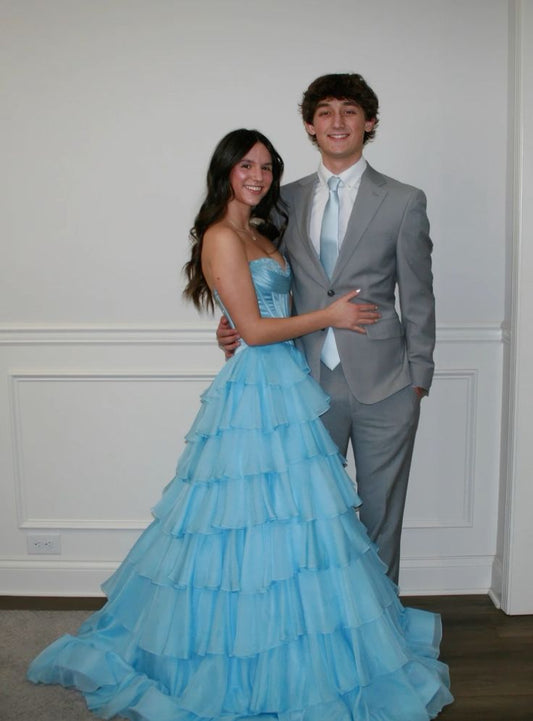 Classy Ball Gown Sweetheart Light Blue Chiffon With Slit Split Long Prom Dress Aesthetic For Teens Formal Party Outfits Prom Gowns AB1098