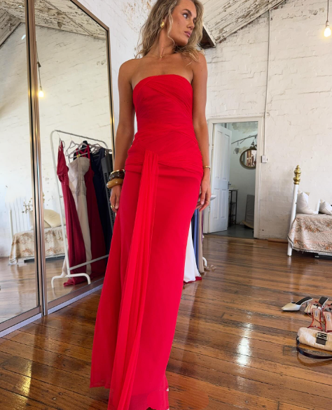 Simple Mermaid Strapless Red Chiffon Summer Spring Inspiration Long Wedding Guest Dress Birthday Outfits N1569