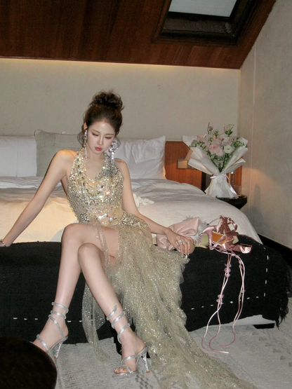 Glitter Mermaid High Low Halter Champagne With Beaded Crystals Prom Dress Aesthetic Long Graduation Evening Outfits N063