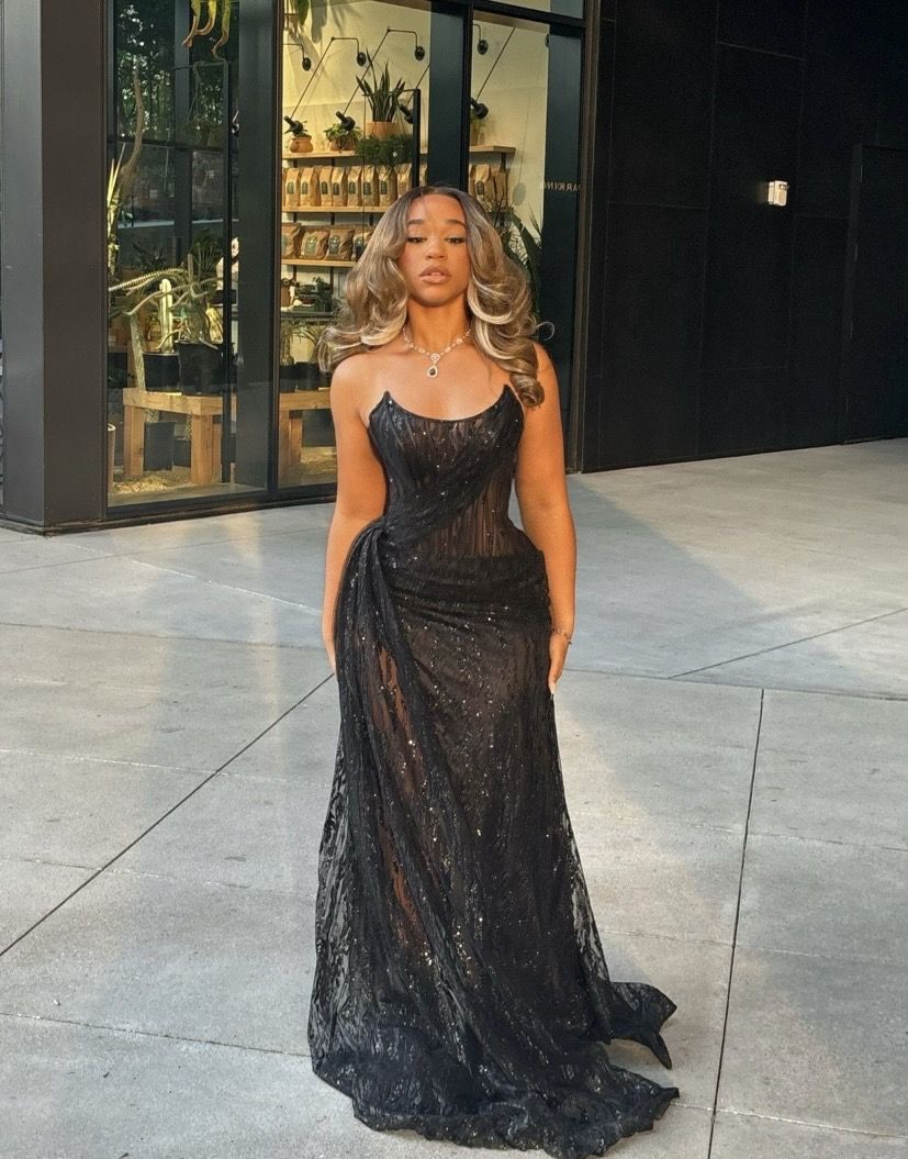 Sparkly Strapless Navy Blue Long Party Dress Prom Dresses Sequin Mermaid Bodycon For Women N4092