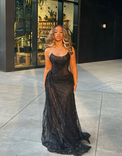 Sparkly Strapless Navy Blue Long Party Dress Prom Dresses Sequin Mermaid Bodycon For Women N4092