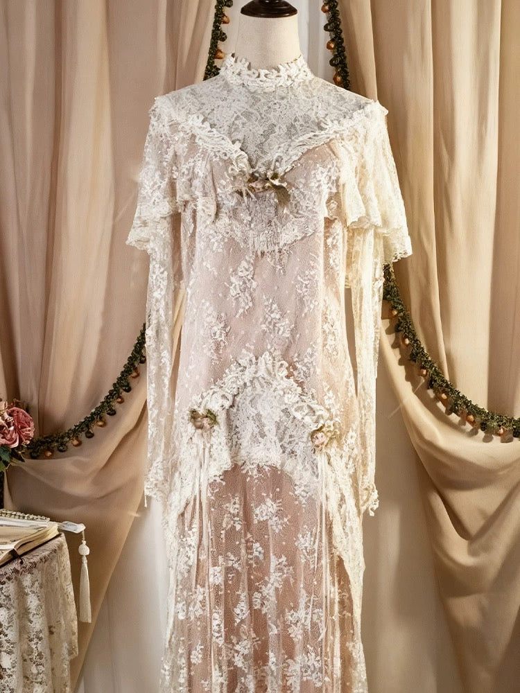 Vintage Wedding Dresses A line High Neck With Sleeves Long Summer Garden Wedding Dress N4115