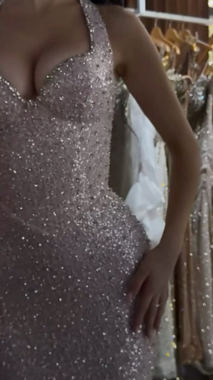 Glitter Halter Pink Long Party Dress Prom Dresses Sequin Mermaid Bodycon For Teens Girls Women N4099