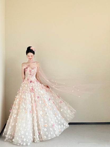 Cute Ball Gown Sweetheart Pink Flowers Long Tulle Quinceanera Dress Sweet 15 16 Dresses RA085