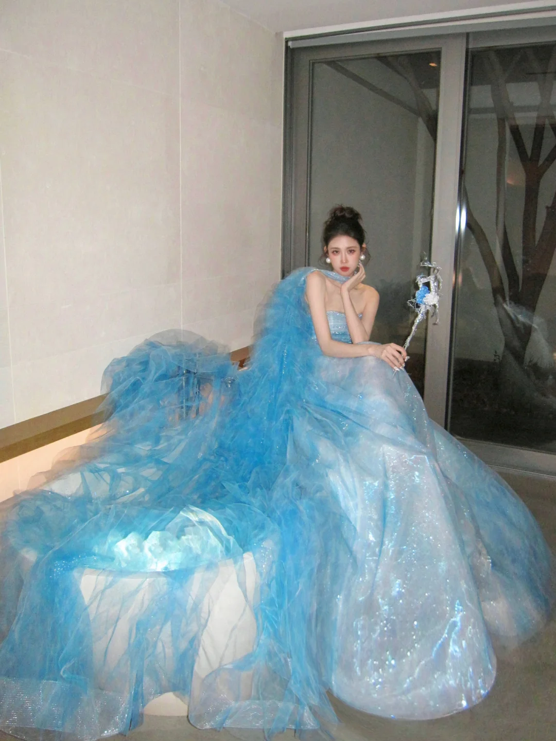 Modest Ball Gown Strapless Ice Blue With Long Cape Tiered Layered Prom Dress Aesthetic Long Graduation Evening Outfits N057