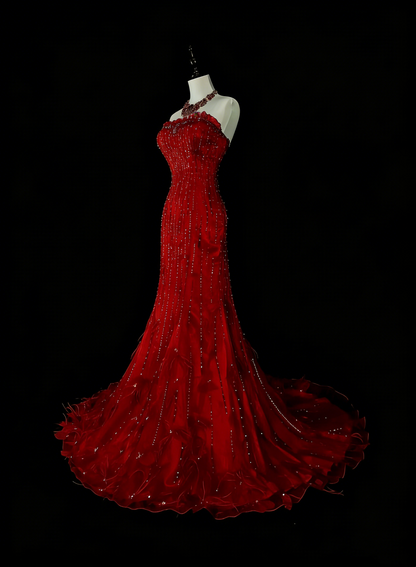 Vintage Mermaid Strapless Red 2000s With Silver Beads Prom Dresses Long Formal Party Gown N1356