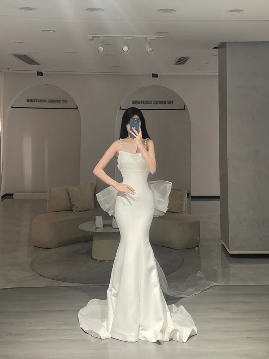 Simple Wedding Dresses Mermaid Spaghetti Strap White Satin With Bow-knot Long Bridal Gown N2977