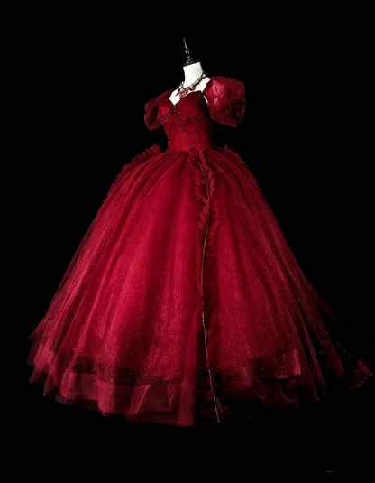 Vintage Prom Dresses Ball Gown Strapless Wine Red Tulle Burgundy 2000s Long Party Dress N2379