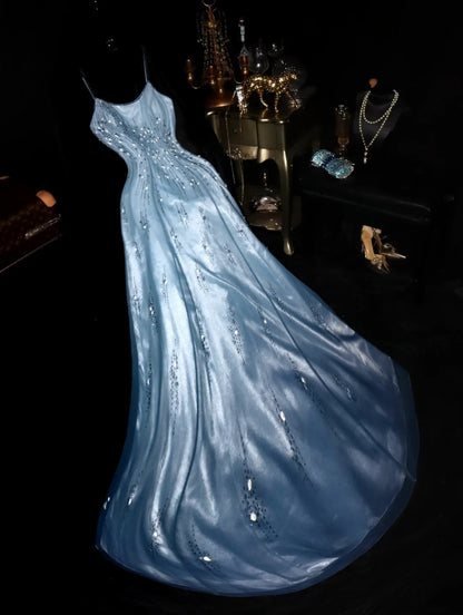 Elegant A Line Spaghetti Straps Satin Blue With Beading Prom Dresses Formal Outfits Evening Night Dress RB8247