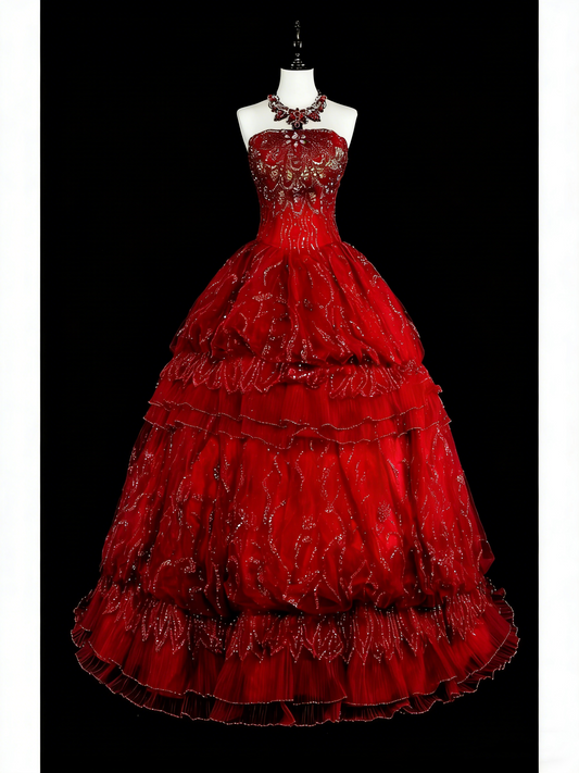 Vintage Prom Dresses Ball Gown Strapless Burgundy Tulle 2000s Long Party Dress N2383