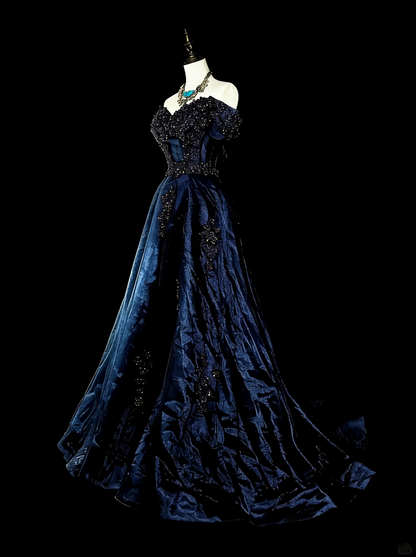 Vintage Prom Dresses Ball Gown Off The Shoulder Navy Blue Tulle With Appliques 80s Long Formal Gown N2720