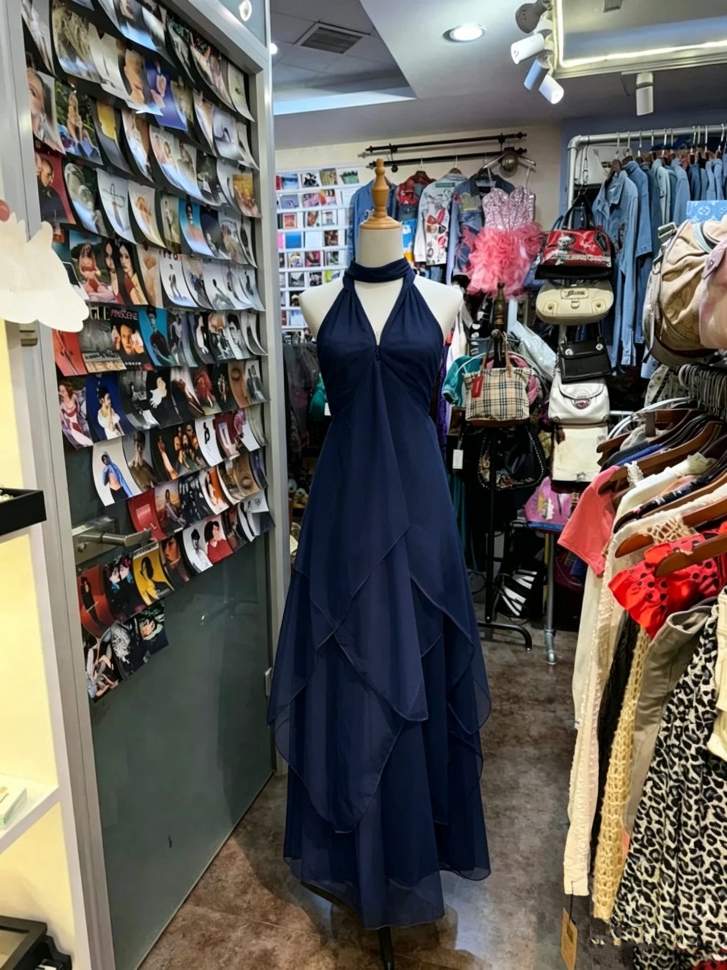 Vintage A Line Halter Navy Blue Chiffon Sleeveless Long Prom Dresses Formal Outfits For Women RB4592