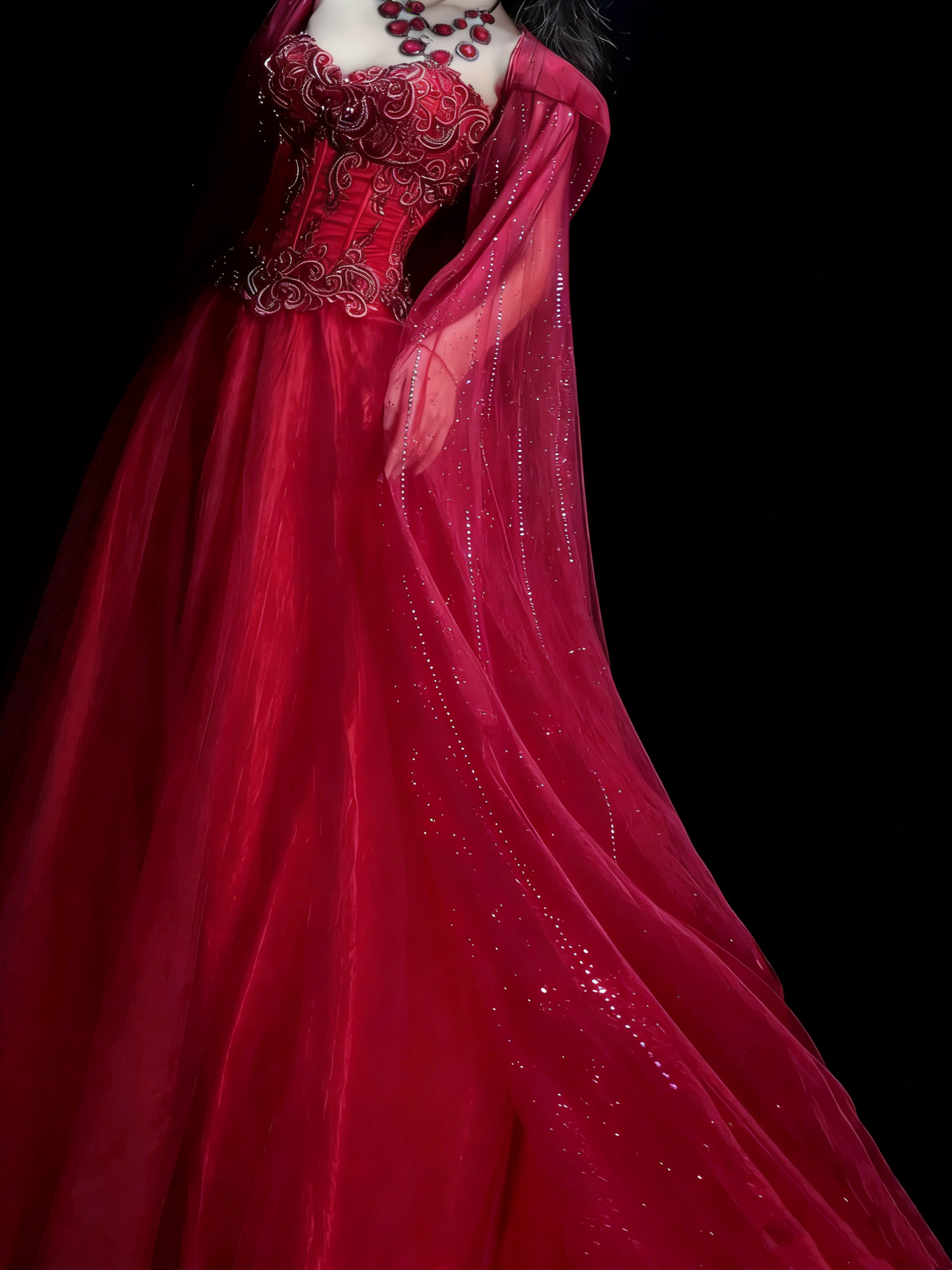 Elegant Ball Gown Sweetheart Red Tulle With Cape Beadings Floor Length Inspiration Long Prom Dresses N1196