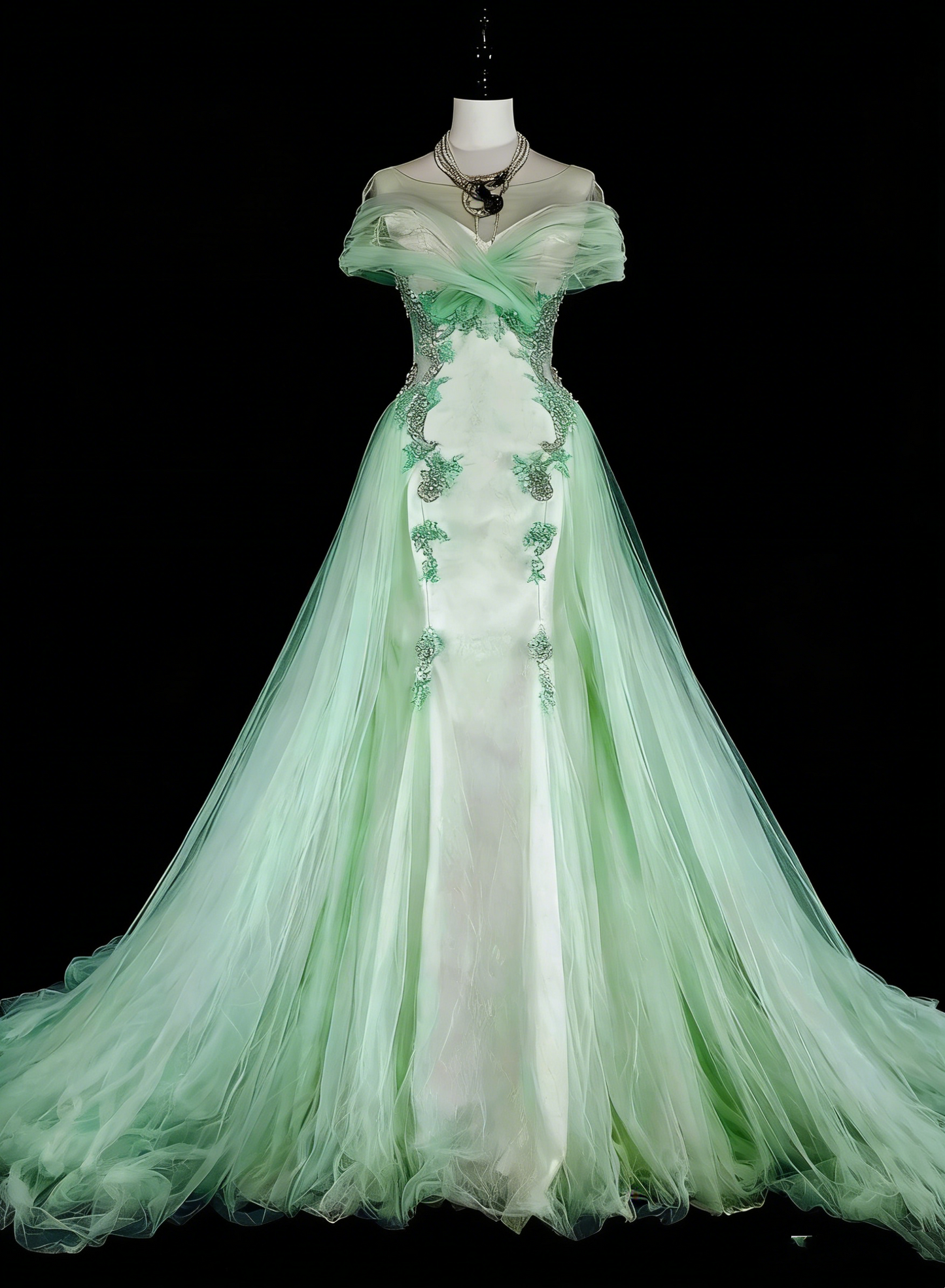 Dreamy Prom Dresses Vintage 80s Retro Off The Shoulder Mint Green Tulle Lace Long Formal Outfits N2365