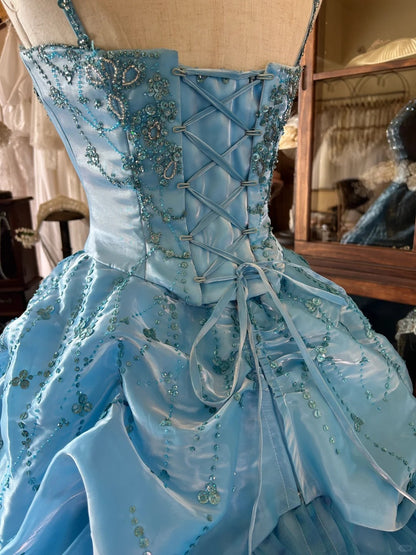 Vintage Ball Gown Spaghetti Straps Blue With Layers Tiered Sweet 16 Dresses Long 15 Vestidos De Fiesta N2264