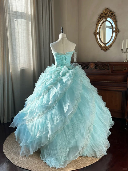 Cute  Ball Gown Strapless Light Blue With Layers Tiered Sweet 16 Dresses Long 15 Vestidos De Fiesta N2268