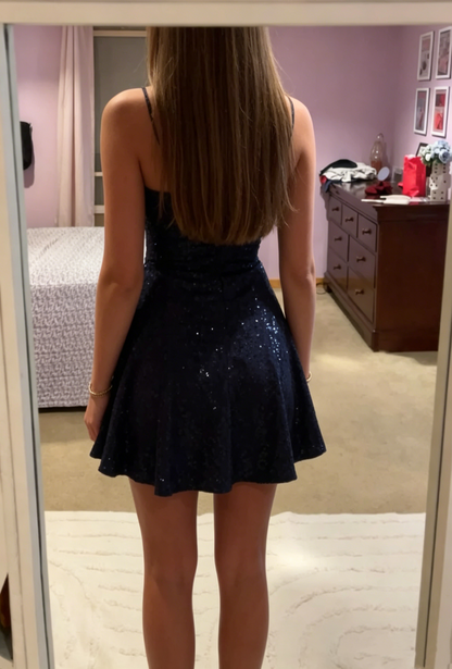 Shiniest Star Sequin Mini Dress A line Navy Blue Sequin Graduation Gowns High School For 8th Grade Homecoming Dress RB3323