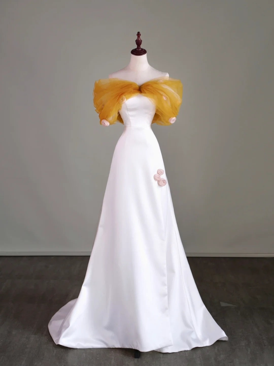 Stunning Prom Dresses A line Off The Shoulder White Satin With 3D Flowers Long Formal Dress N2490