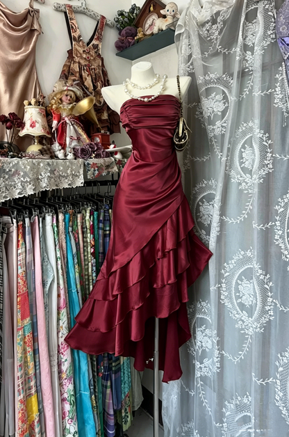 Vintage Mermaid Strapless Champagne Satin Mid Length Graduation Birthday Outfits Homecoming Dresses N3740