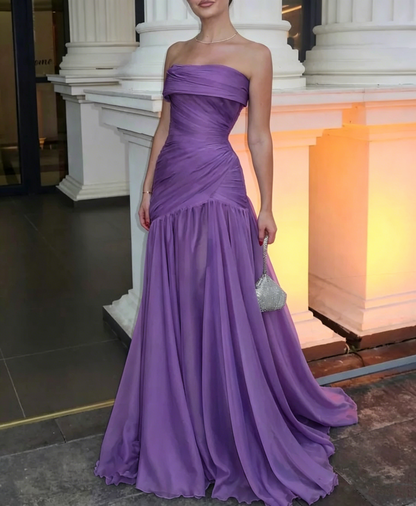 Gorgeous Chic Blue Strapless Sleeveless A Line Long Prom Dresses With Pleated Formal Gowns AB393