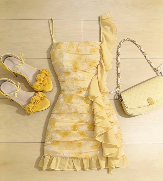 Pretty Sheath Spaghetti Strap Yellow Floral Chiffon Mini Homecoming Dresses Hoco Outfits RB4695