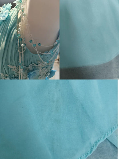 Vintage Prom Dresses A line One Shoulder Blue Chiffon 80s With Flowers Long Formal Evening Outfits N4217