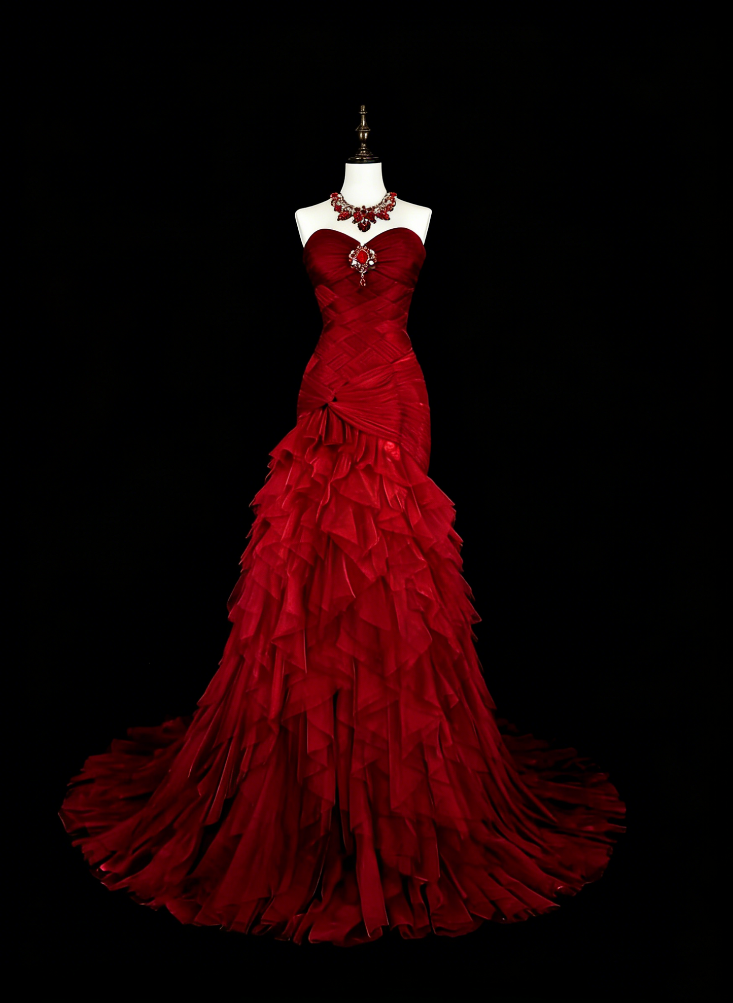 Vintage Prom Dresses Mermaid Sweetheart Red Tulle With Tiered Layers Long Party Dress N2376