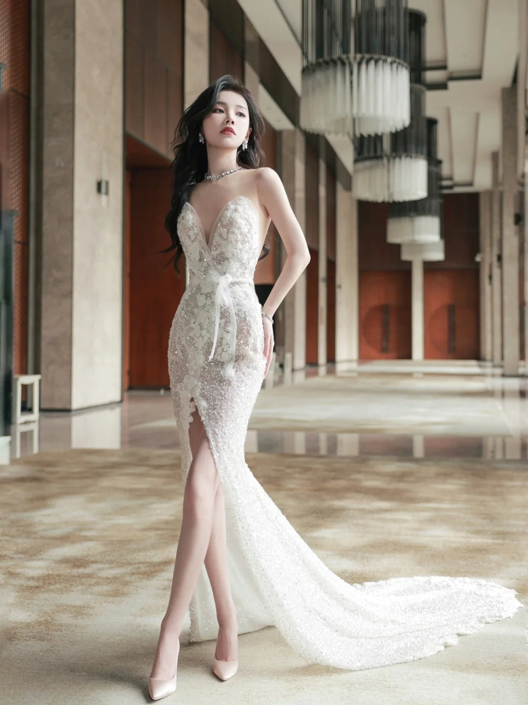 Fairytale Fantasy Art Wedding Dresses Mermaid Sweetheart White Lace Long Brides Dress Fitted Bridal Gowns N1088