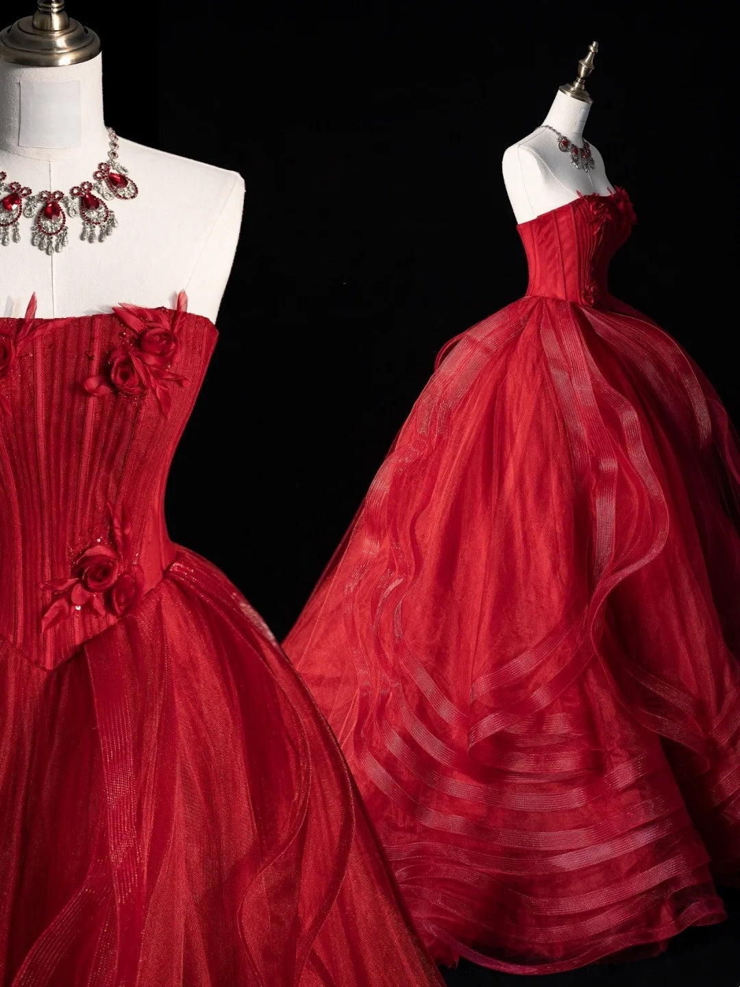 Modest Ball Gown Strapless Red Tulle Prom Dresses Inspiration Party Gowns Princess Formal Dress N1276