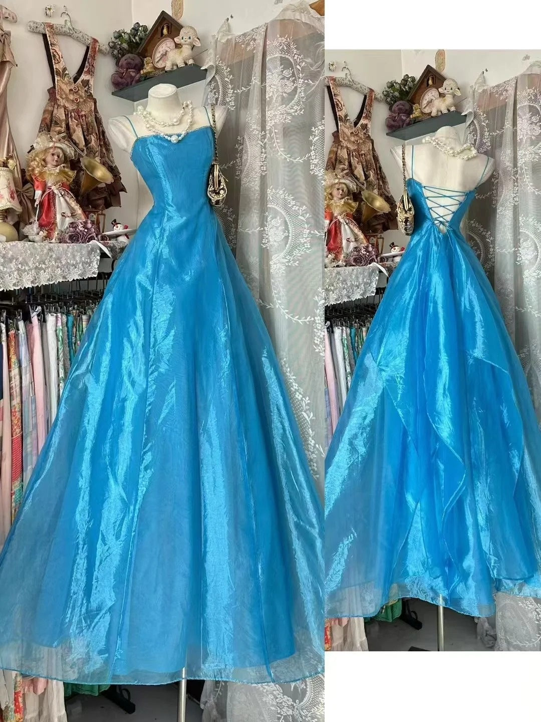Classy Ball Gown Spaghetti Strap Blue Long Prom Dresses Party Dress 18th Birthday Outfits Graduation Dress N906