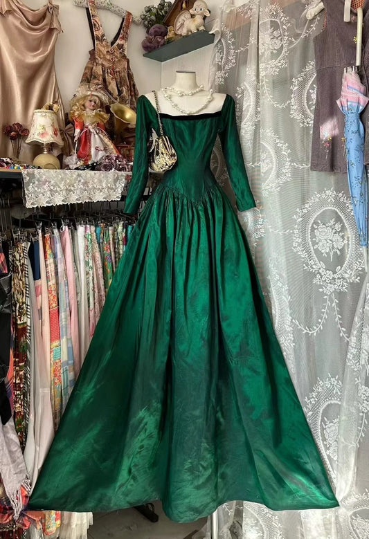 Vintage Ball Gown Square Neck Green Long Prom Dresses Party Dress 18th Birthday Outfits Graduation Dress N908