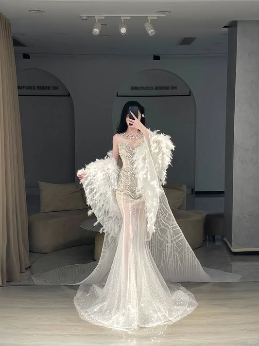 Princess Wedding Dresses Mermaid Jewel Neck With Silver Beading Long Bridal Gown N3083