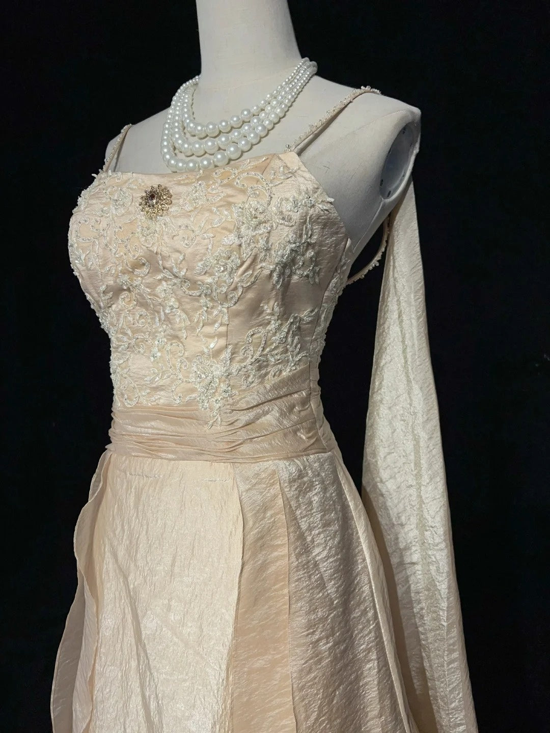Vintage Prom Dresses A line Spaghetti Strap Champagne With Long Sleeves 90s Evening Gown N3001