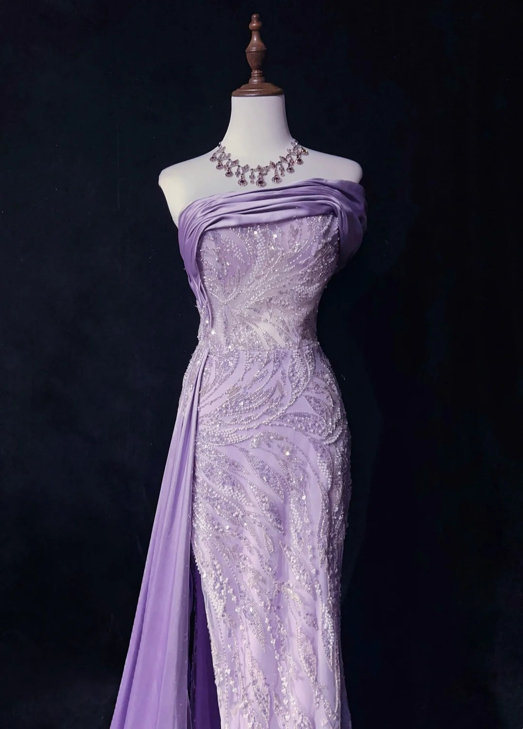Vintage Prom Dresses Inspo Mermaid Strapless Lilac Sequined With Slit Beads 80s Long Formal Gown N2742