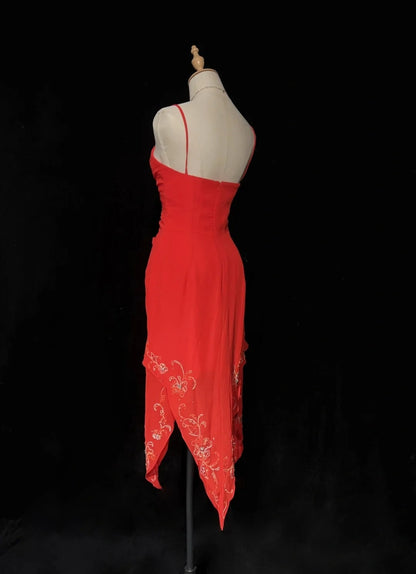 Vintage Prom Dresses A line Spaghetti Strap Red Mid Length Chiffon 1990s Formal Evening Gown N2665