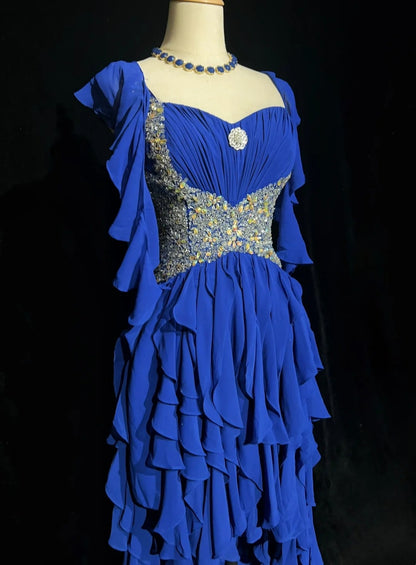 Elegant Prom Dresses A line High Low One Shoulder Royal Blue Chiffon With Beading Sleeveless Long Formal Gown N2881