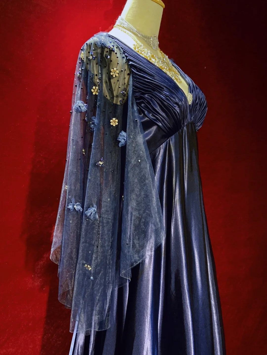 Vintage Prom Dresses Inspo A Line Empire V Neck Navy Blue Satin 90s With Sleeves Formal Gowns N3314
