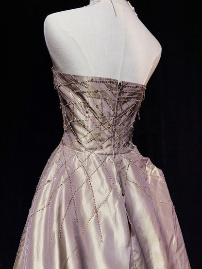Vintage Prom Dresses Ball Gown Strapless Blush Pink Satin 80s With Beading Long Formal Evening Outfits N3870