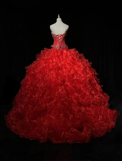 Princess Sweetheart Red Tulle With Tiered Sweet 16 Dress Ball Gown Formal Party Sweet Sixteen Dress RC0093