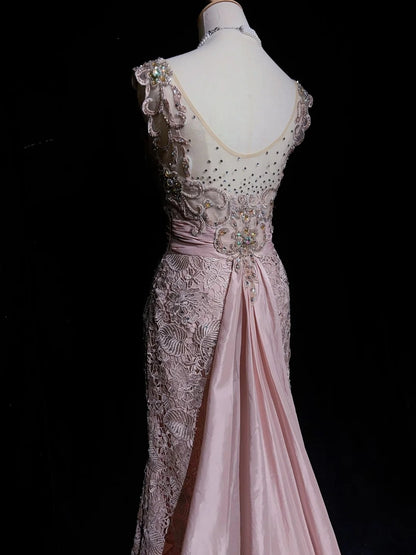 Vintage Prom Dresses 1960s Mermaid V Neck Pink Lace With Appliqued Beaded Long Prom Gown N3107