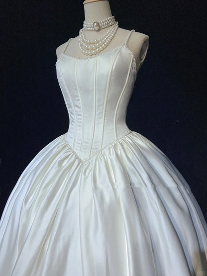 Unique Wedding Dresses Ball Gown Spaghetti Strap White With Ruffled Pearls Long Bridal Gown N3629