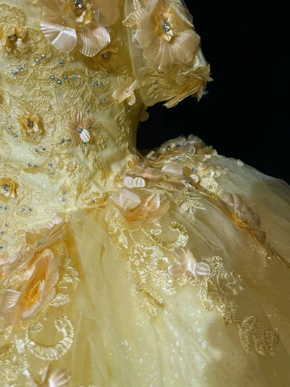 Fairy Quinceanera Dress Ball Gown Off The Shoulder Yellow Flowers Tulle With Lace Quince Dresses RC1136