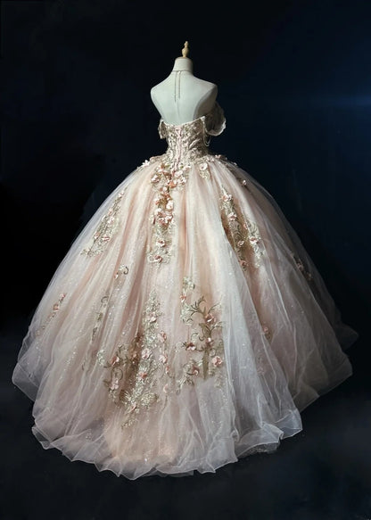 Princess Lace Square Neck Blush Pink Sweet 16 Dress Ball Gown Sleeveless Sweet Sixteen Dress RC0078