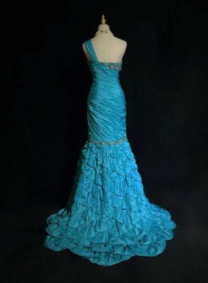 Vintage Prom Dresses Mermaid One Shoulder Retro Style Blue Taffeta With Beaded 90s Long Evening Gown N2905