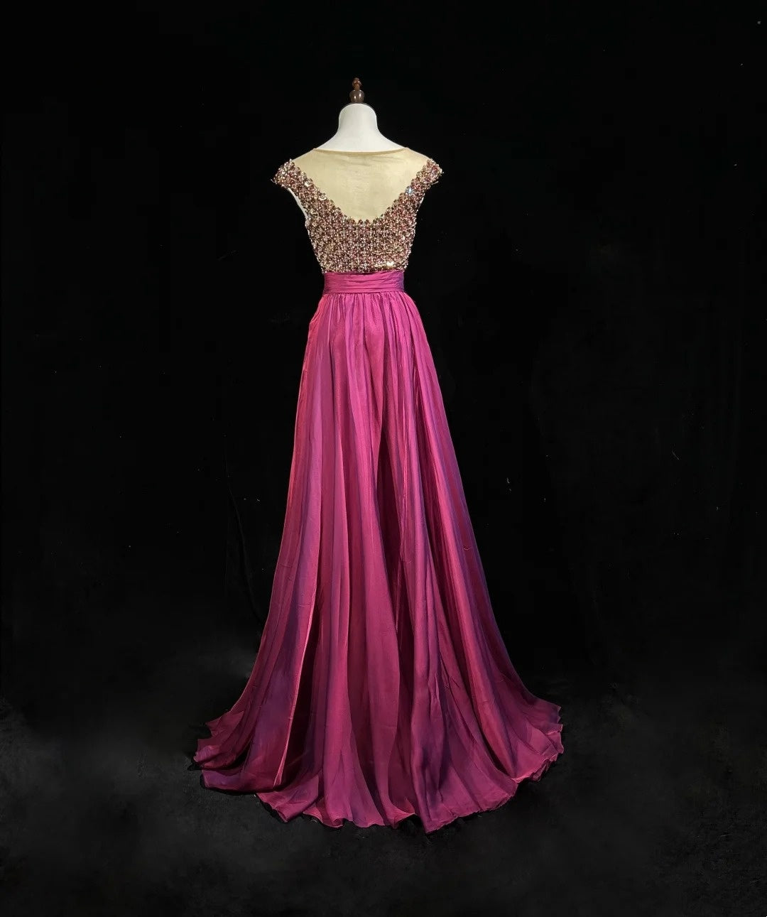 Vintage Prom Dresses A line Scoop Fuchsia Chiffon With Beading 80s Long Formal Evening Outfits N3880